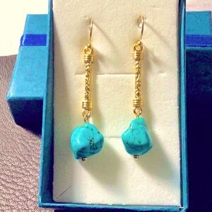 Gold Plated Long Turquoise Earrings